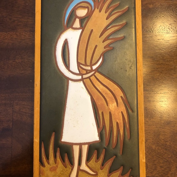 Handmade in Greece Framed Pottery tiles - girl / boy farmerunsigned, GUC - Picture 3 of 16